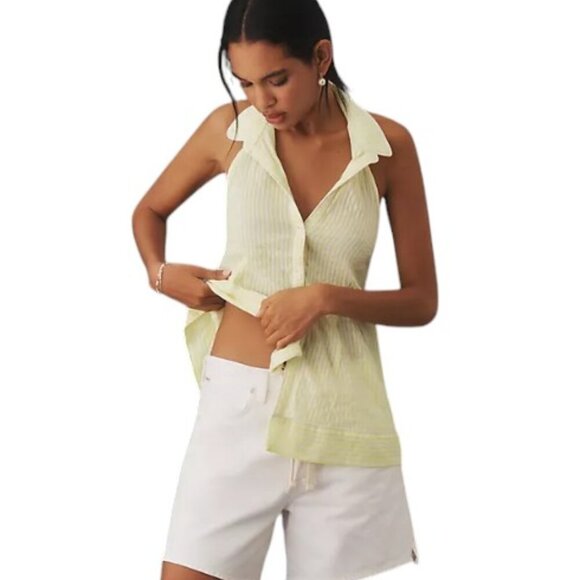 Anthropologie Button-Front Halter Swing Blouse Open Tie Back Striped Size Small - Picture 3 of 11